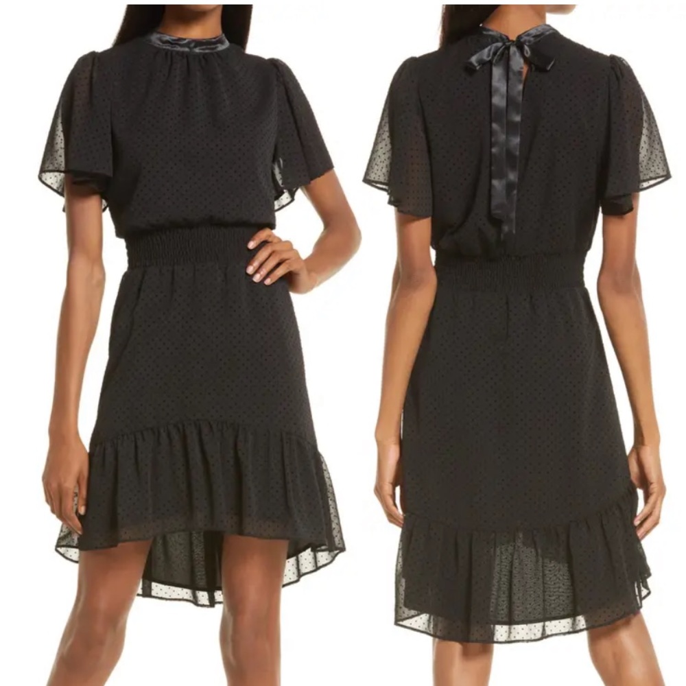 NWT Swiss dot black dress tie back Chelsea28 small mock neck waist defined